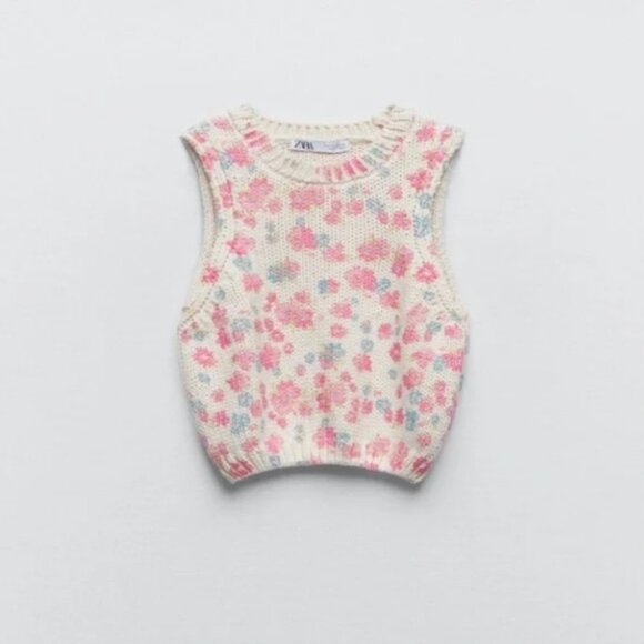 Zara Floral Knit Vest Ivory Pink Cream Blue Sweater Cropped Sleeveless S Top - Picture 4 of 4